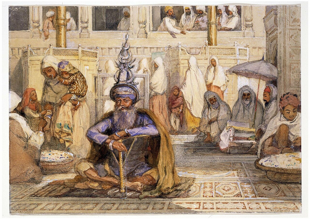 Watercolour painting of an Akali-Nihang Sikh sitting near the causeway to the Golden Temple