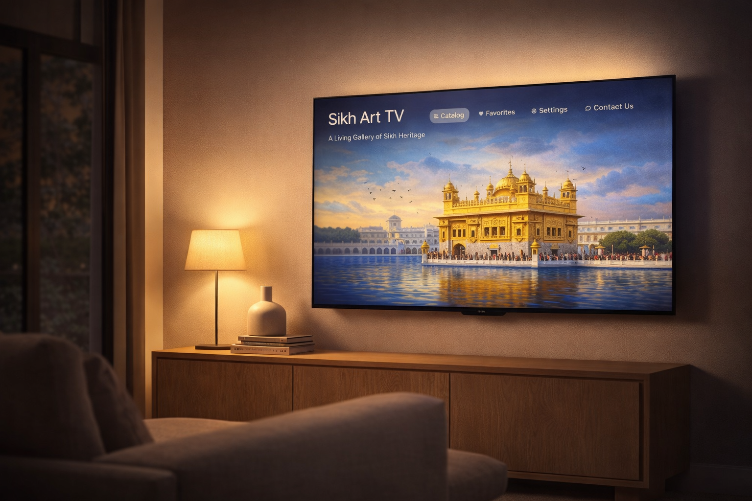 Sikh Art TV displayed in a warm living room